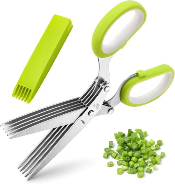 Herb Scissors, Multipurpose 5 Blade Kitchen Herb Shears Herb Cutter with Safety Cover and Cleaning Comb for Chopping Basil Chive Parsley (Green)  Home & Kitchen