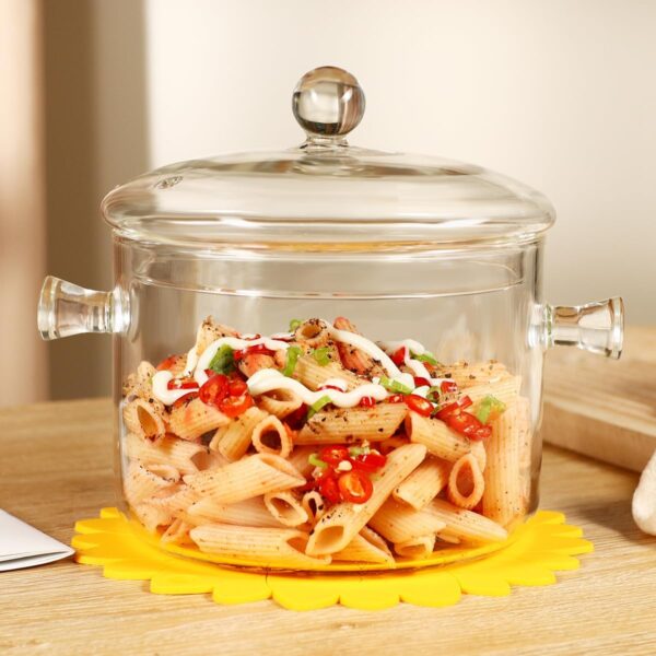 Clear Glass Cooking Pot With Lid And Brush And Silicone Hot Pads On Stove. - Image 7