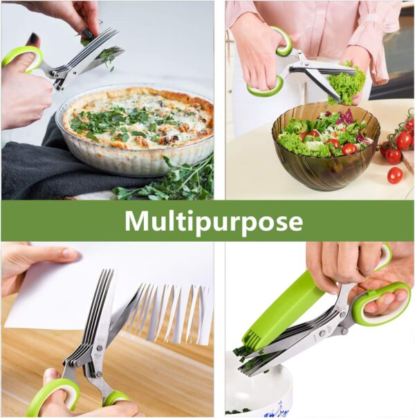 Herb Scissors, Multipurpose 5 Blade Kitchen Herb Shears Herb Cutter with Safety Cover and Cleaning Comb for Chopping Basil Chive Parsley (Green)  Home & Kitchen - Image 4