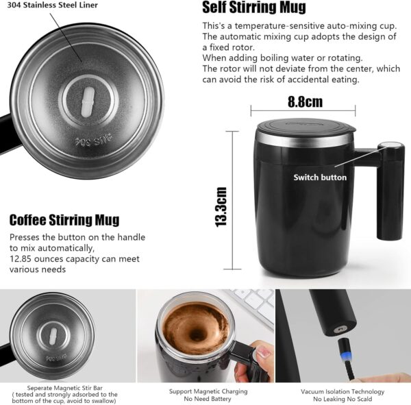 Self Stirring Mug,Rechargeable Auto Magnetic Coffee Mug with 2Pc Stir Bar,Waterproof Automatic Mixing Cup for Milk/Cocoa at Office/Kitchen/Travel 14oz Best Gift - Black  Home & Kitchen - Image 2